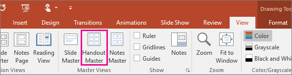 Shows View Handout master in PowerPoint