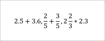 Example equations read: 2.5+3.6, 2/5 +3/5, 2&2/3*2.3