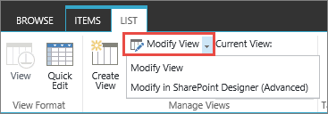 Modify view button with dropdown opened