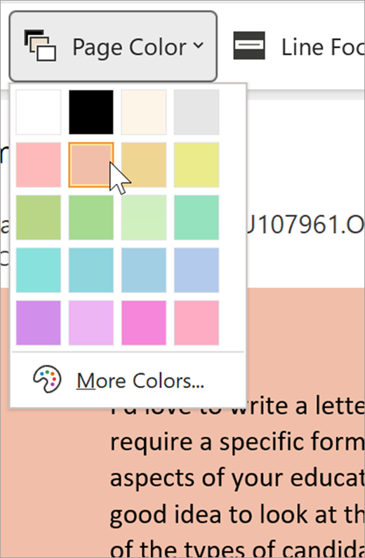 screenshot of the page color dropdown menu for immersive reader. A color palette is shown and the background visible behind the dropdown is pastel orange 