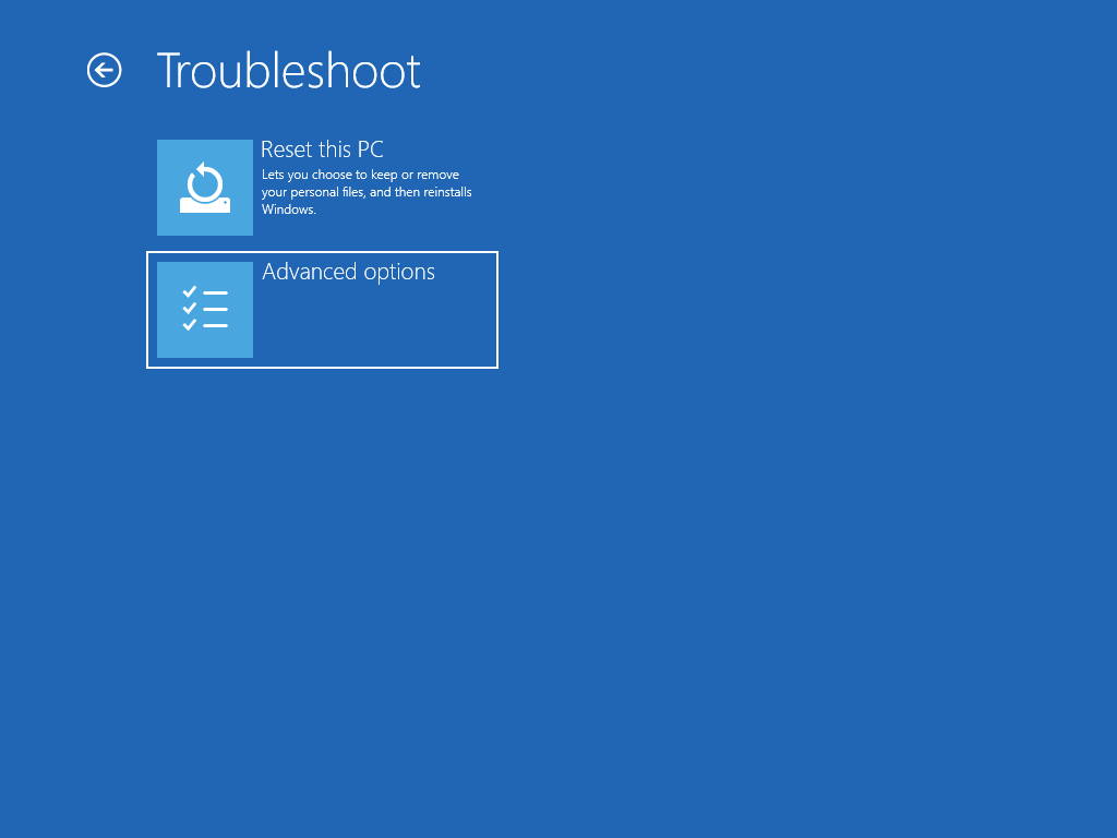 Shows the "Troubleshoot" screen, with "Advanced options" selected.