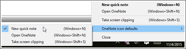 Screnshot of the system tray with OneNote options.