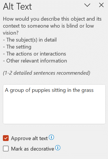 Automatic alt text shown in the Alt Text pane with the Approve alt text checkbox selected.