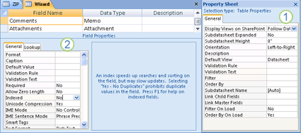 Table and field property sheets