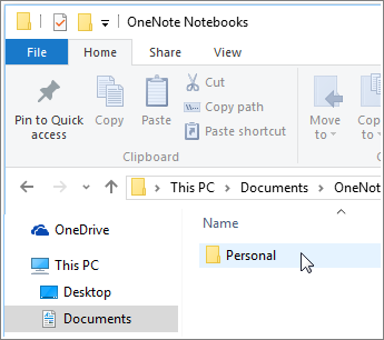 Screenshot of the Windows Documents folder with OneNote notebook folder visible.