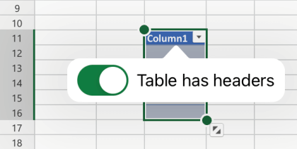 Table has headers option selected in Excel for iOS