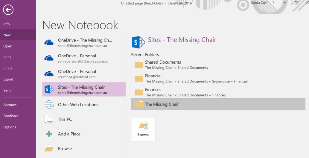 OneNote for Windows 2016 New Notebook folder select interface