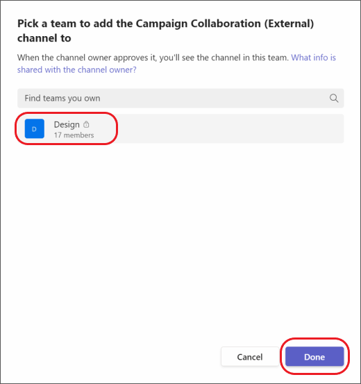 Teams - choose a team for shared channel invitation