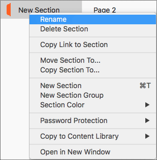 Section context menu with Rename section highlighted.