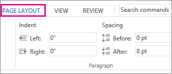 Image of Indent and Spacing options on Page Layout tab