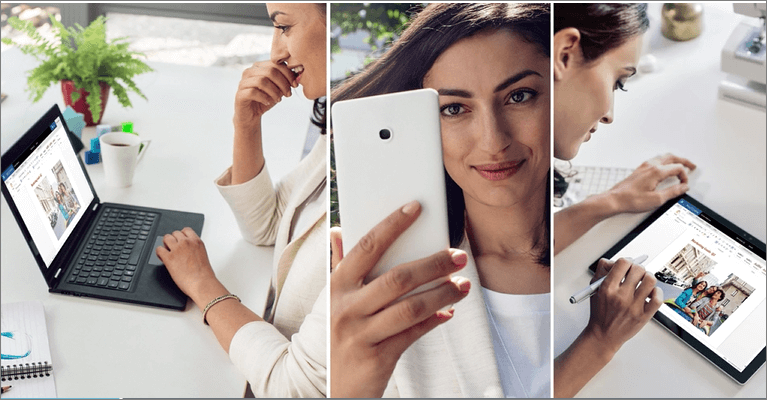 Woman on laptop, phone, tablet