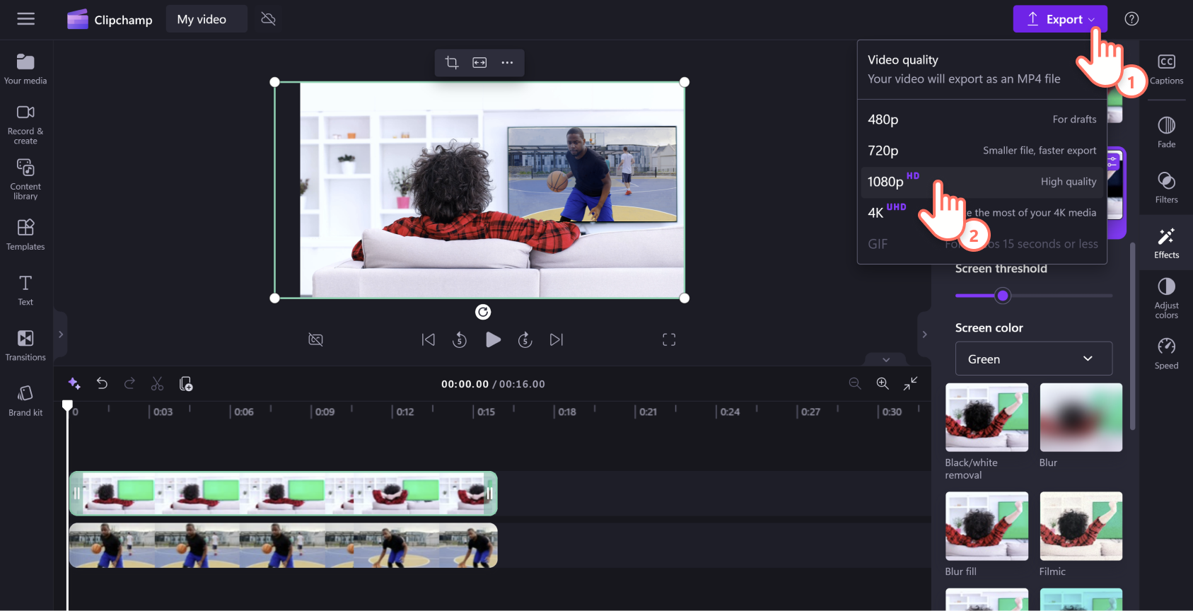 An image of a Clipchamp user exporting a green screen video in 1080p.