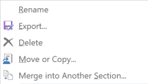 OneNote for Windows 2016 Section right click menu items including Move or Copy
