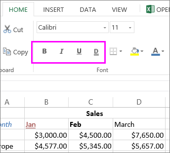 the Font group of buttons for use with changing font style in a cell