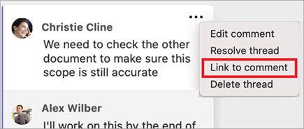 Comment more options menu with the "Link to comment" option selected.