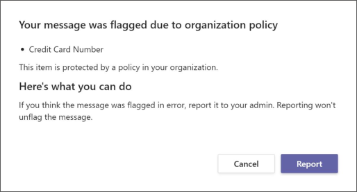 A dialog explaining why a message was flagged by an organization's data loss prevention policy