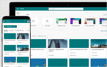 Conceptual image of Microsoft Forms displayed on a mobile device and laptop computer