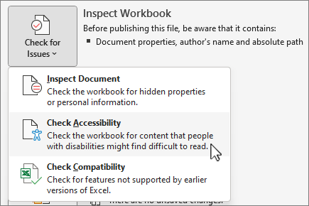 Check for issues & check accessibility menu item