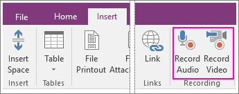 Screenshot of the Insert menu with AV buttons in OneNote 2016.