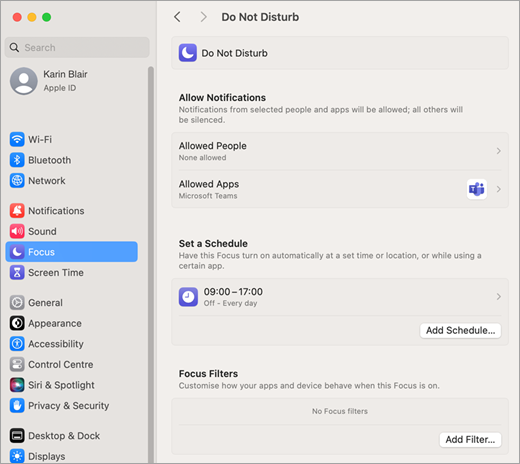 Mac system settings for Focus time and Do not disturb notifications