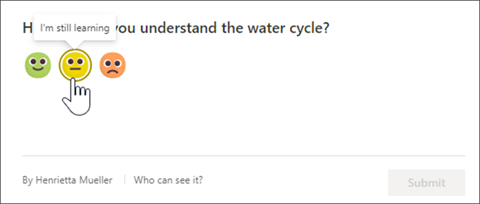 Screenshot of the student view of the reflect check in before they respond. The mouse hovers over the yellow, unsure emoji and a tooltip reads "I'm still learning"