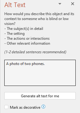 The alt text pane showing an example of a bad alt text.