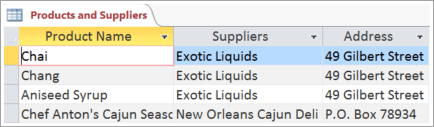 Screen snippet of Products and Suppliers data