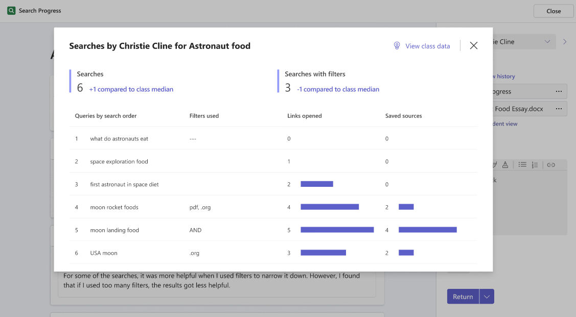 Pop-up window showing a more detailed overview of the searches done by a student, and how the numbers of those searches, and searches done with filters, compare to the class median.