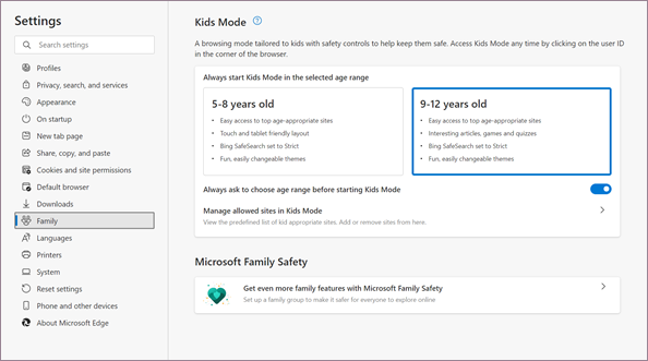 Kids Mode settings