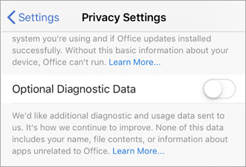Screenshot of Optional Diagnostic Data toggle