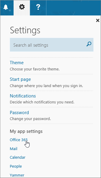 Office 365 Settings pane