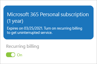 Shows a Microsoft 365 Personal subscription with recurring billing turned on.