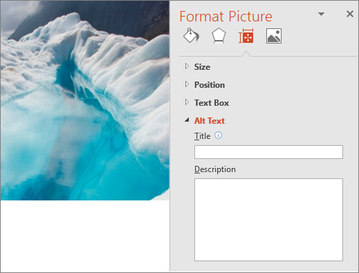 Old glacial lake image with Format Picture dialog box showing no Alt text in the Description box.