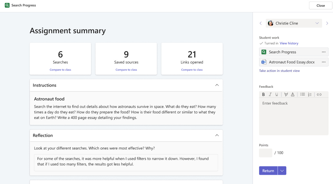 Assignment summary page, educator view, in Search Progress. Showcases details on the searches and reflections done by the student whose completed assignment has been opened.