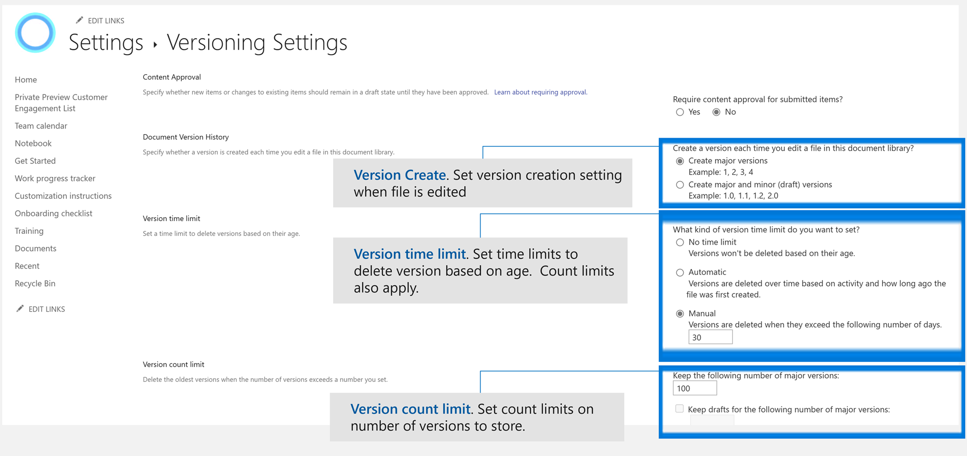 Screenshot of the step of Enable and configure versioning for lib and library