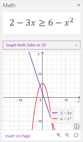 screenshot of math assistant generated graphs of the inequality 2 minus 3 x is greater than or equal to 6 minus x squared. The former in purple and the latter in red.