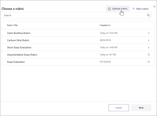 Select Upload rubric.