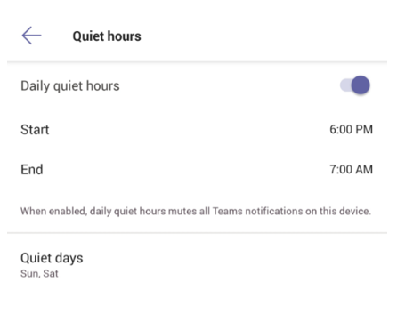 Image of Quiet hours settings in the Teams mobile app