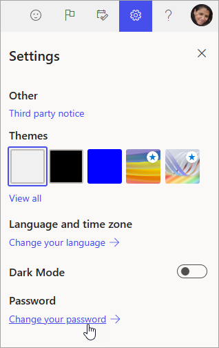 Screenshot of Settings and Change password in Microsoft 365