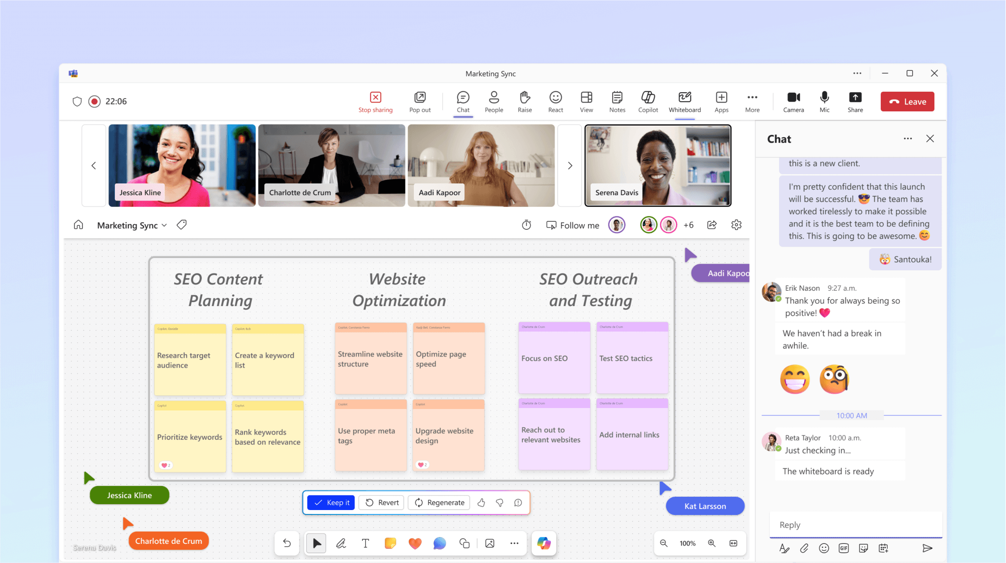 Screenshot shows Copilot in Whiteboard organizing the ideas discussed during the meeting.