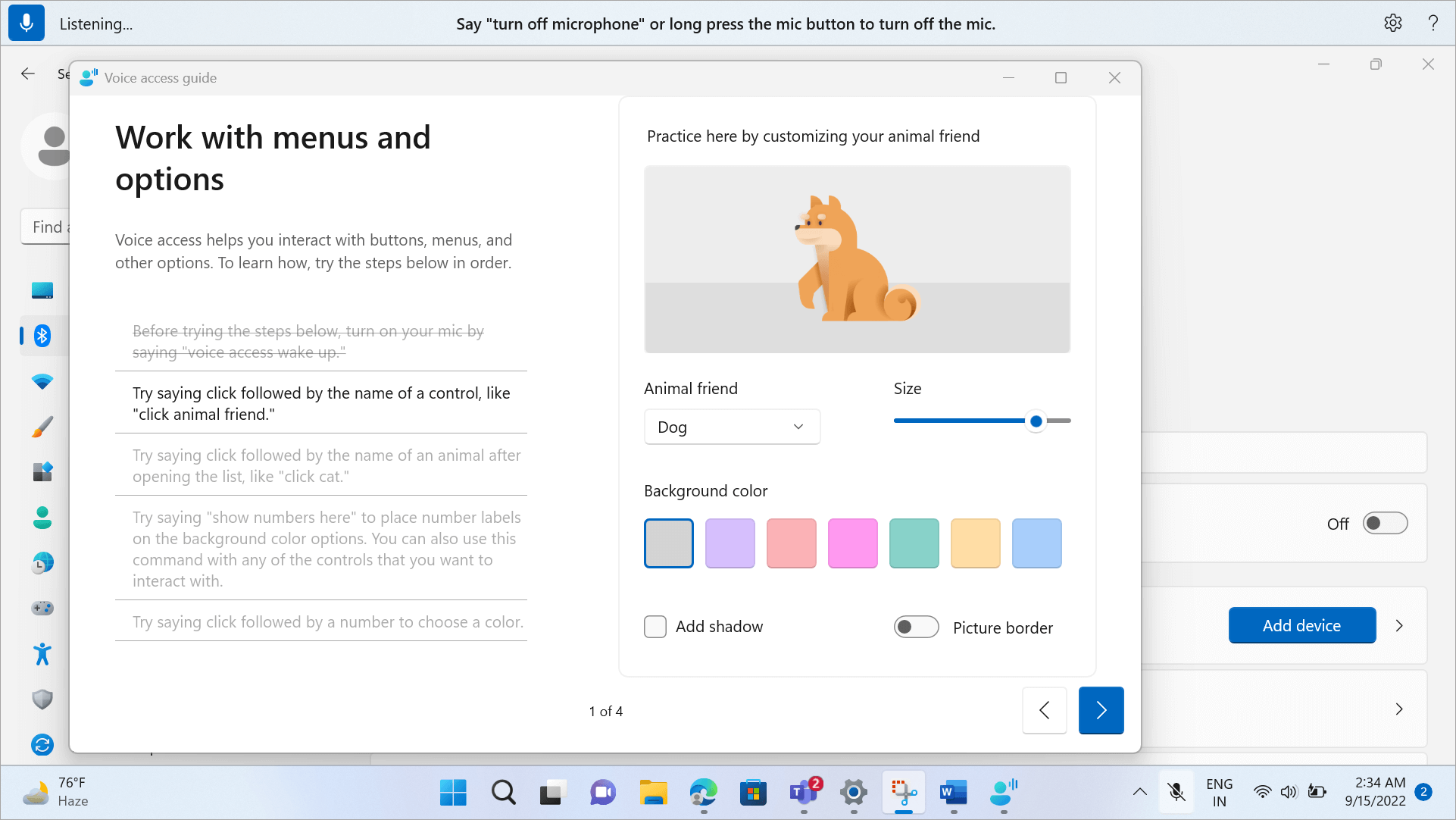 Voice access guide window shows the Work with menus and options page. The left side contains steps and instructions for working with the practice area on the right side.