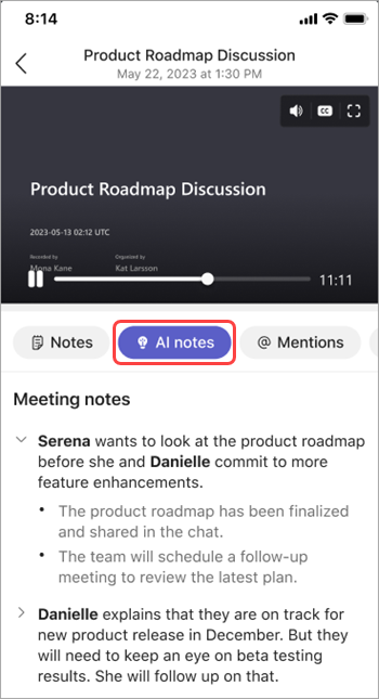 View AI generated notes in Teams meeting recap.