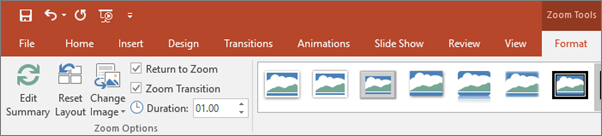 Shows the Zoom Tools in the Format tab of the ribbon in PowerPoint.