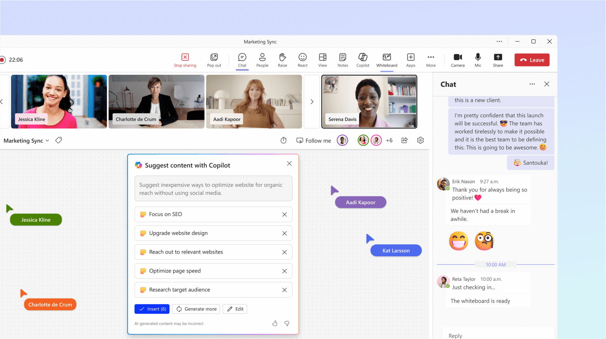 Screenshot shows Copilot in Whiteboard suggesting topics for the meeting.