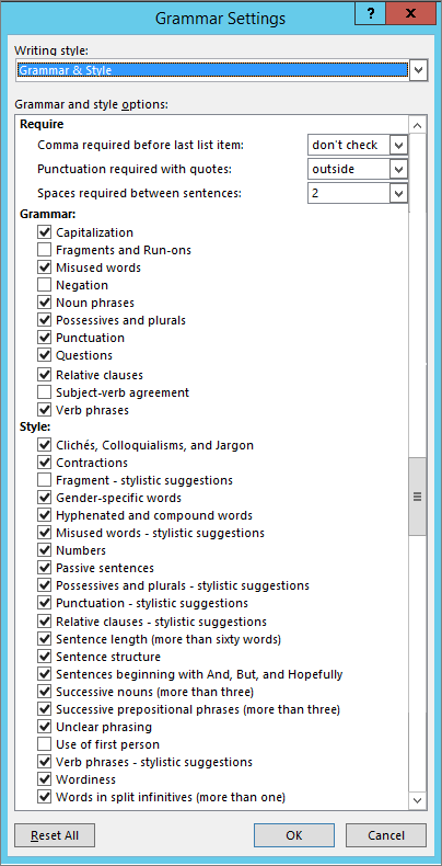 Grammar Settings dialog box