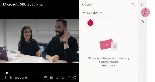 A video's chapters pane is open. Text reads "+ New chapter," indicating this is where a video's owner can create a chapter.  