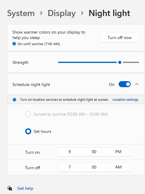 Shows the Night light page, with the "Schedule night light" toggle turned on, and the "Set hours" selected below that.