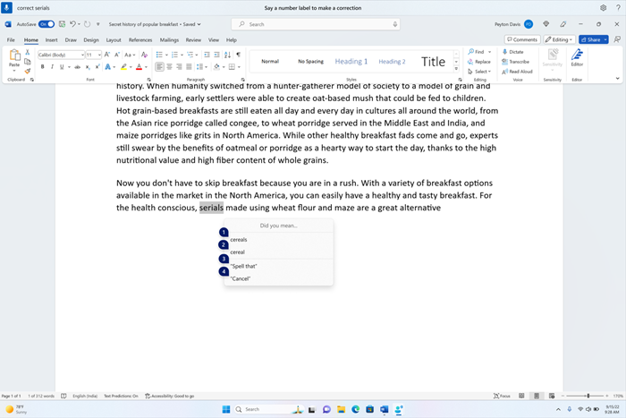 A word document showing corrections window with candidates for the text “cereals”.