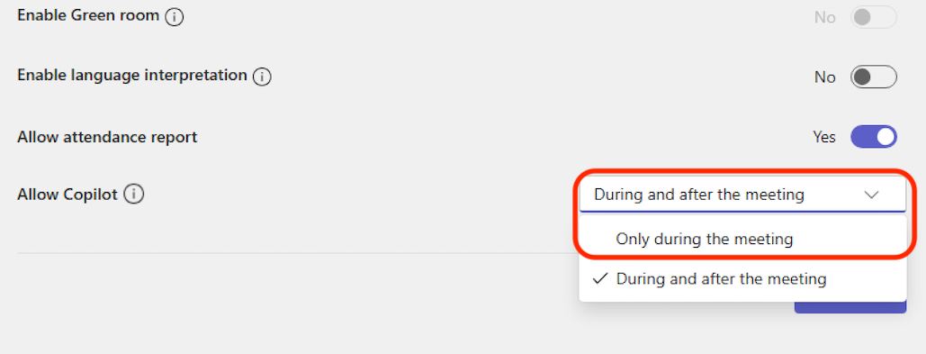 A dropdown menu with options to allow copilot only during the meeting or during and after the meeting.