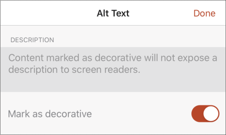 The Mark as decorative option selected in the Alt Text dialog box in PowerPoint for iOS.